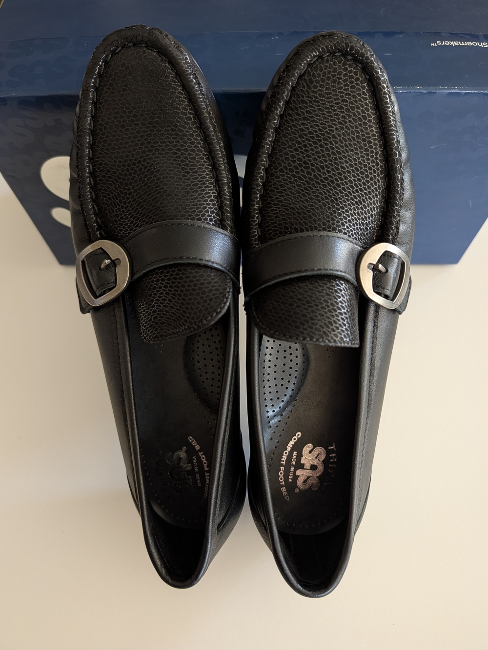 SAS Black Leather Buckle Loafers